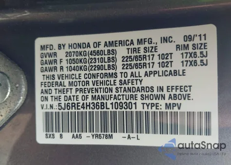 2011 Honda Cr-V Lx from USA, damaged, VIN 5J6RE4H36BL109301